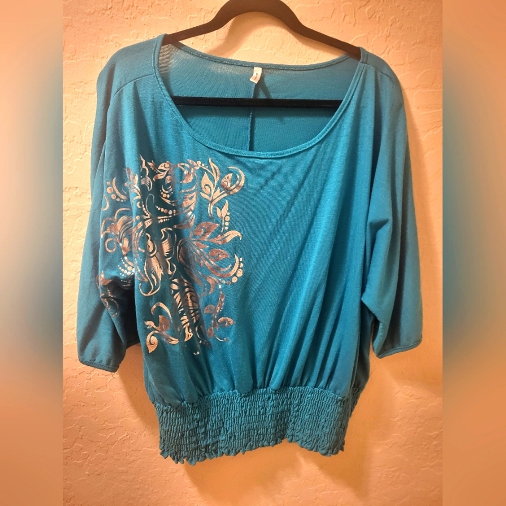 Discreet Teal 3/4 Sleeve Embellished Blouse